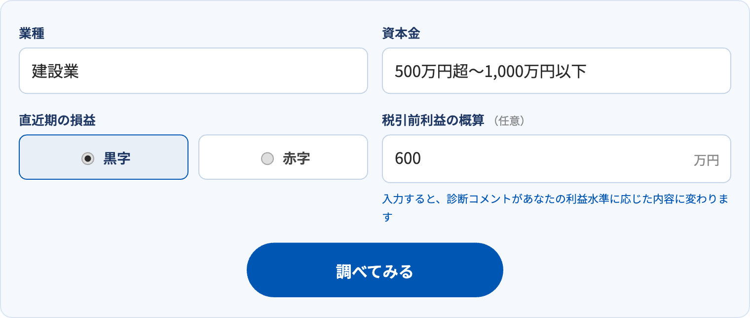 黒字割合・利益水準チェッカーの入力画面。業種・資本金・黒字か赤字かを選び、任意で利益の概算を入力する