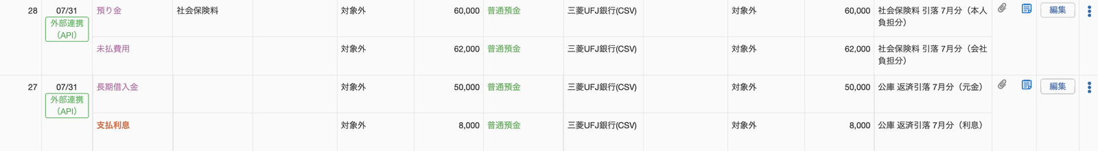 明細と紐付かずに登録された複合仕訳。仕訳帳の行に銀行マークが無い
