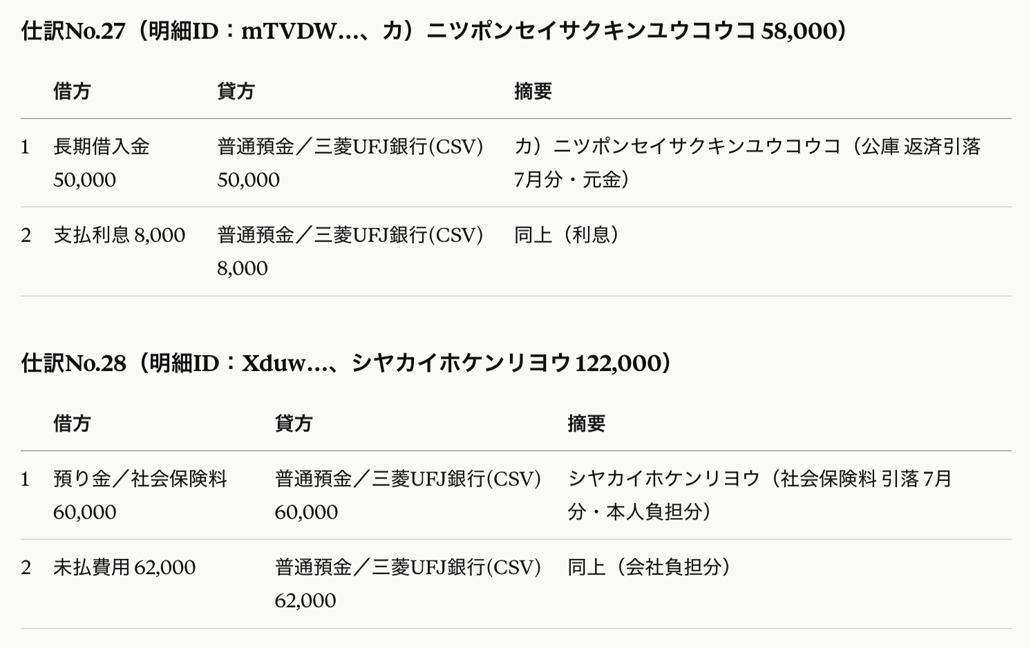 明細IDを明示して複合仕訳2本を登録した実行報告の画面